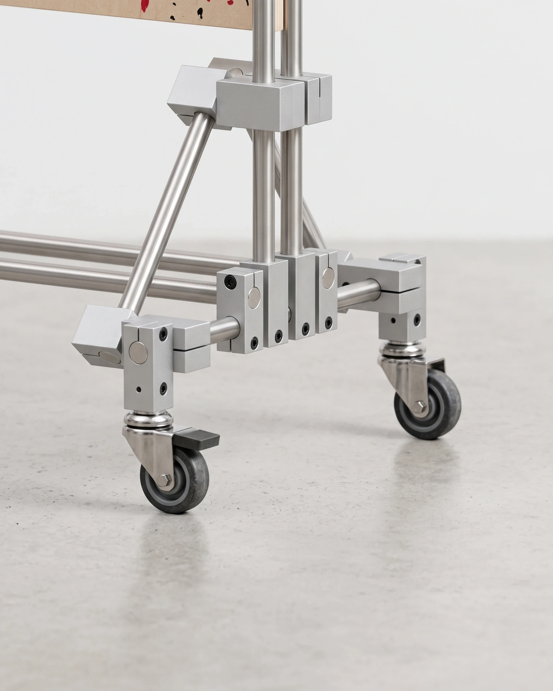 Curator, board stand 65 × 36 × 171, white, colour flecks: joint close-up