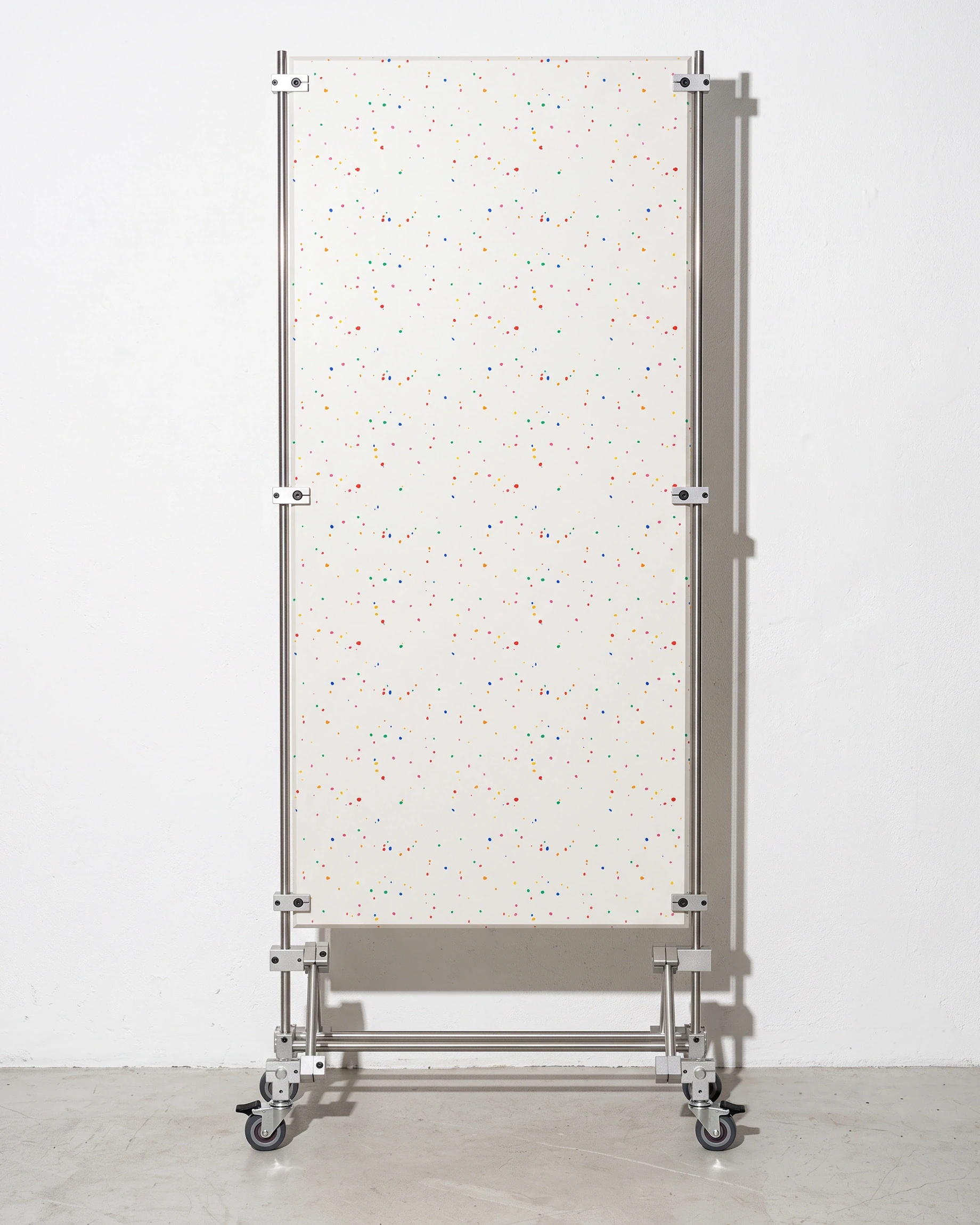 Curator, board stand 65 × 36 × 171, white, colour flecks: front view