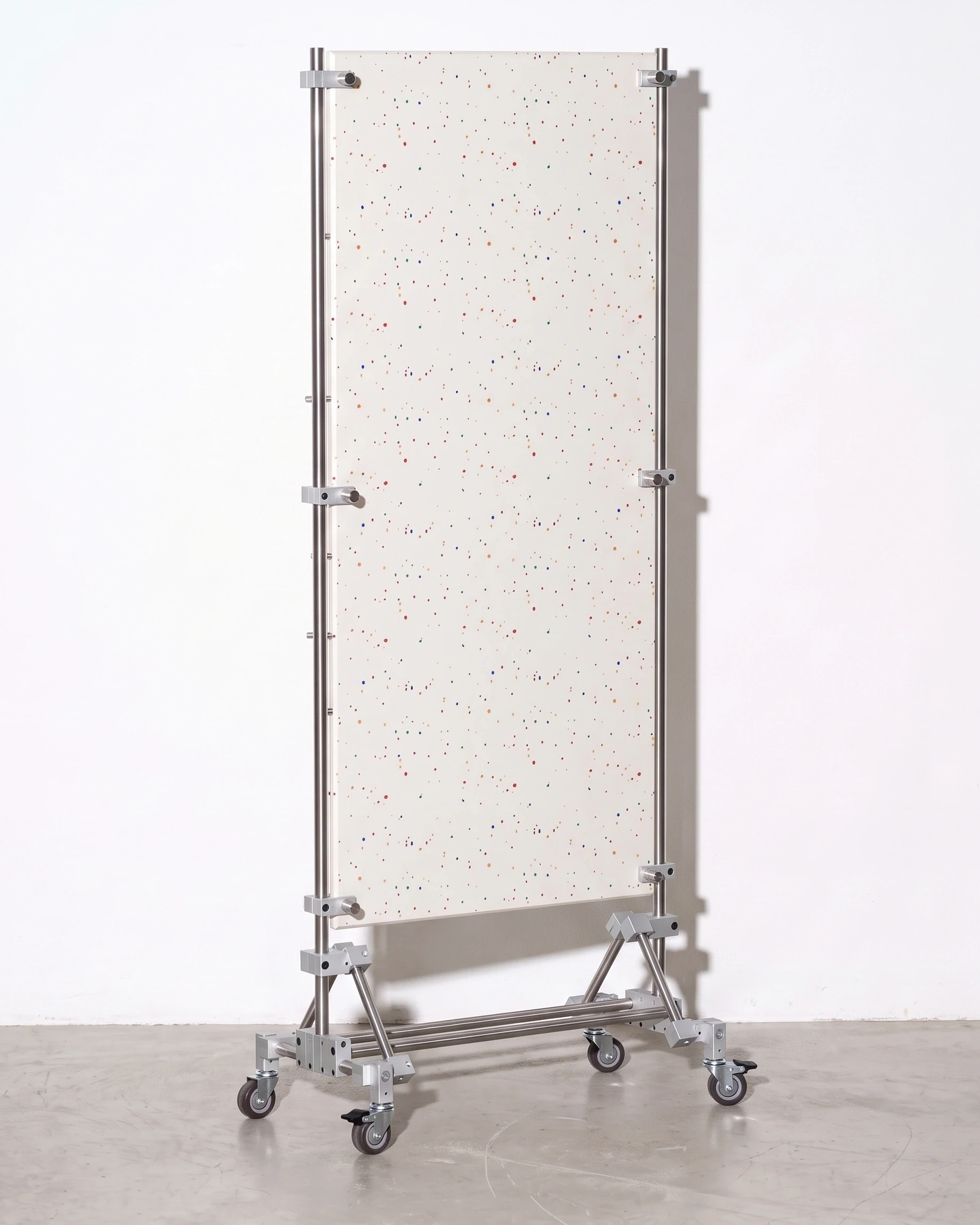 Curator, board stand 65 × 36 × 171, white, colour flecks: front left view