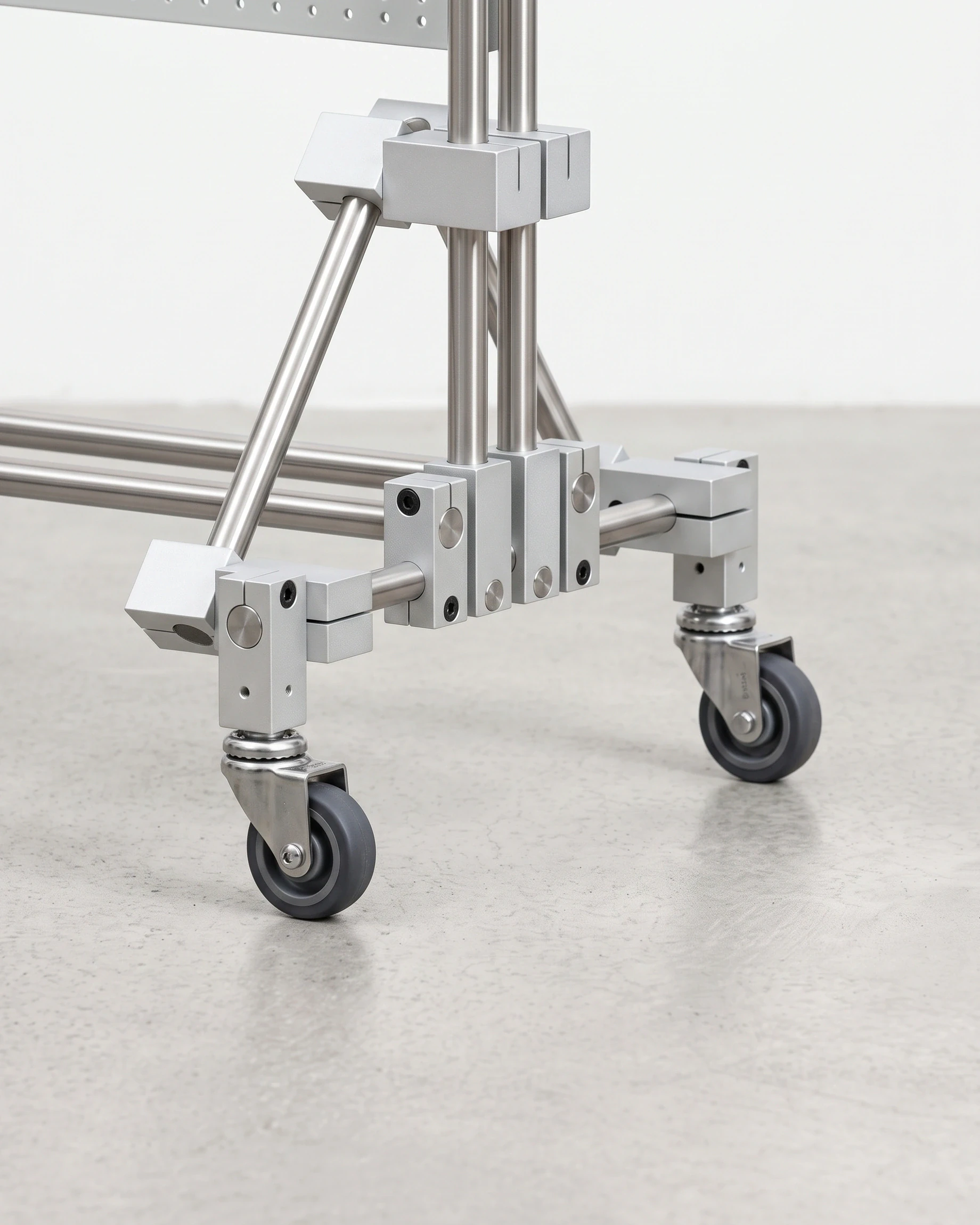 Workshop, pegboard stand for hooks, white, black flecks: joint close-up