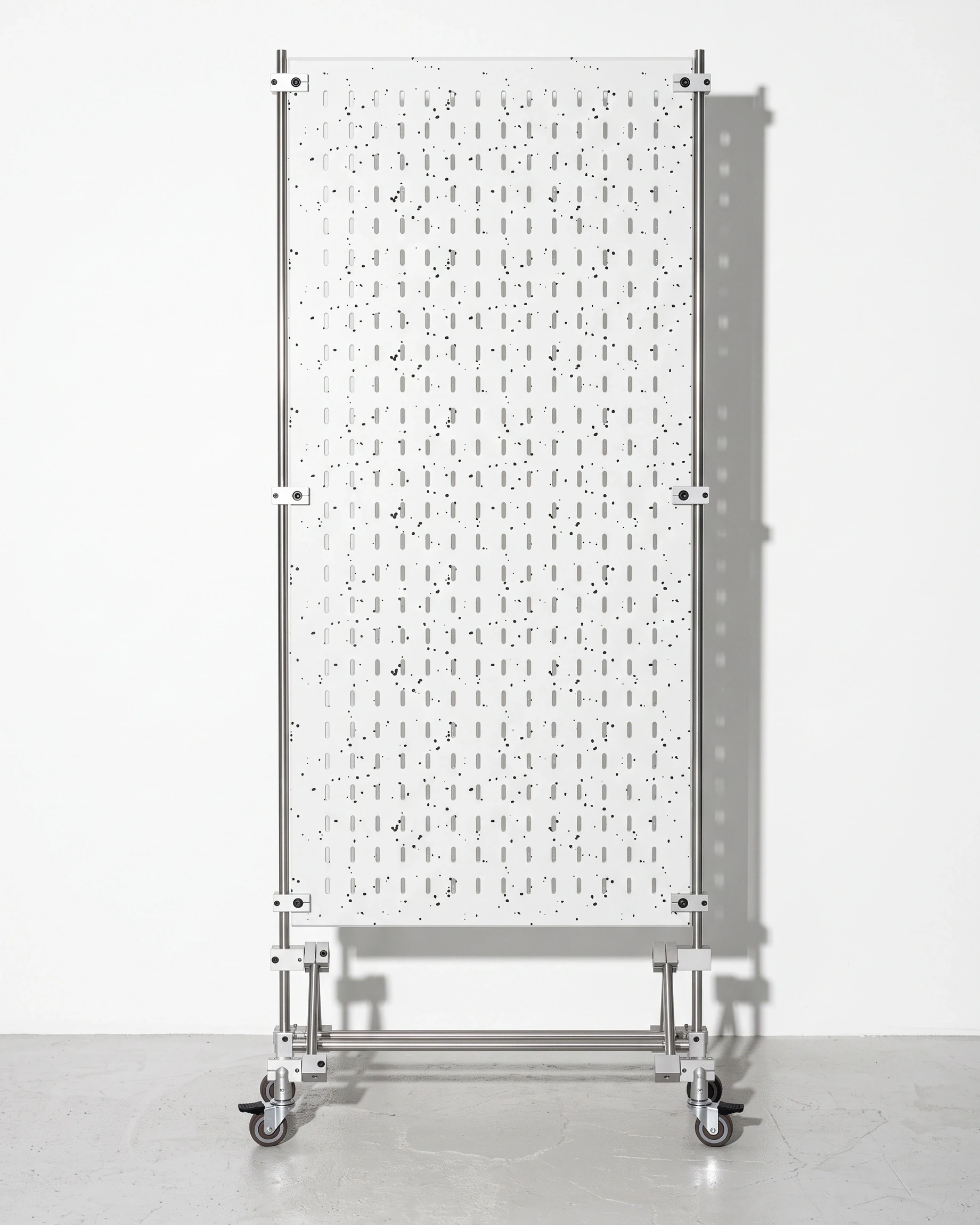 Workshop, pegboard stand for hooks, white, black flecks: front view