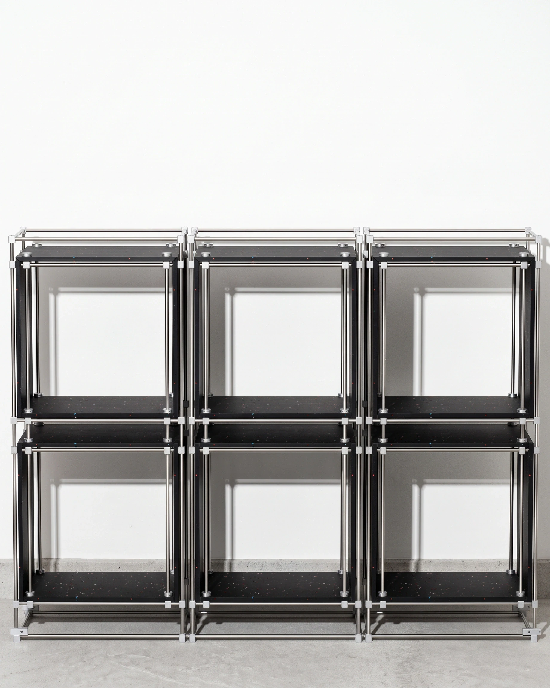 Archivist, cube shelving 3 × 2, black, colour flecks: front view