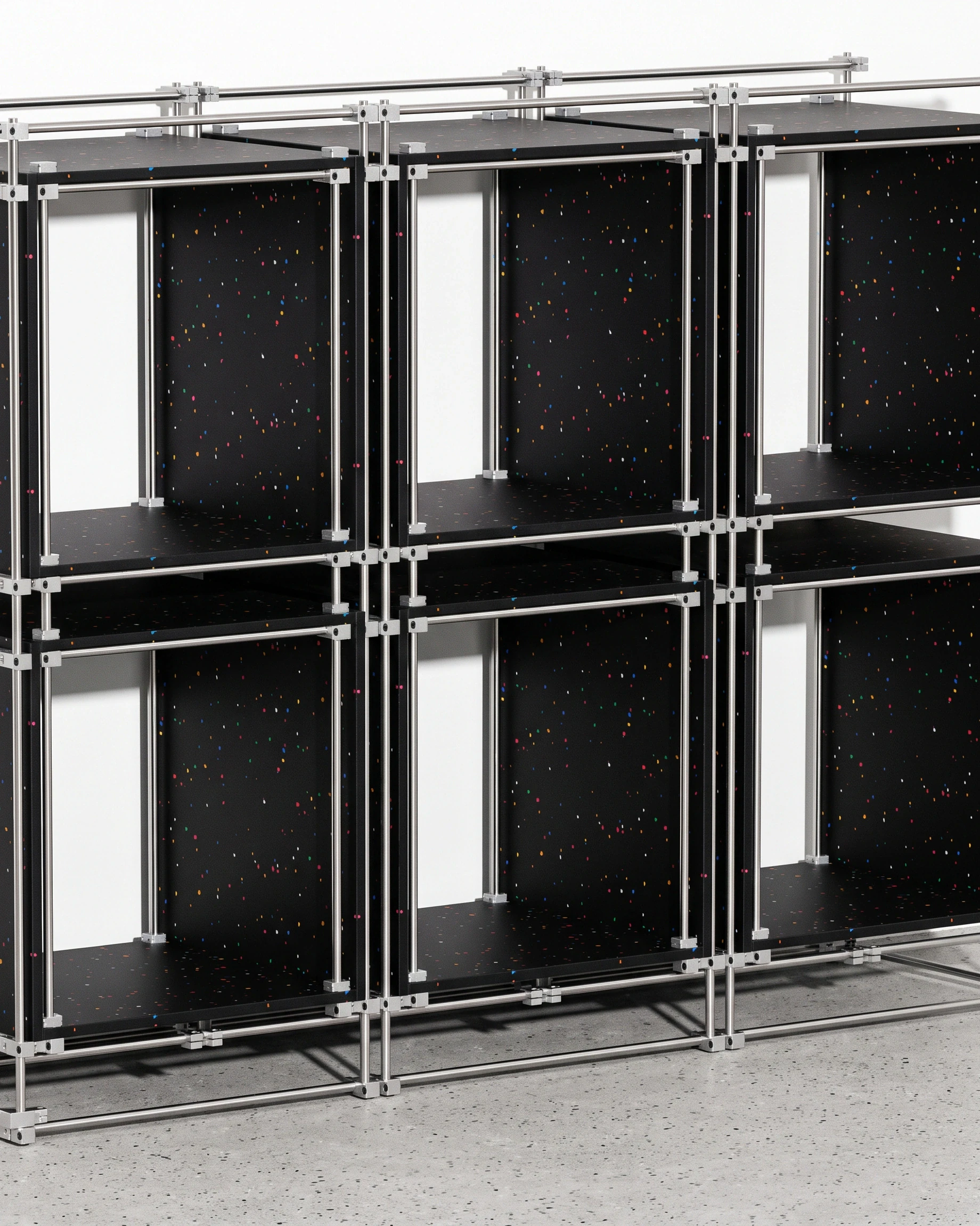 Archivist, cube shelving 3 × 2, black, colour flecks: front left view