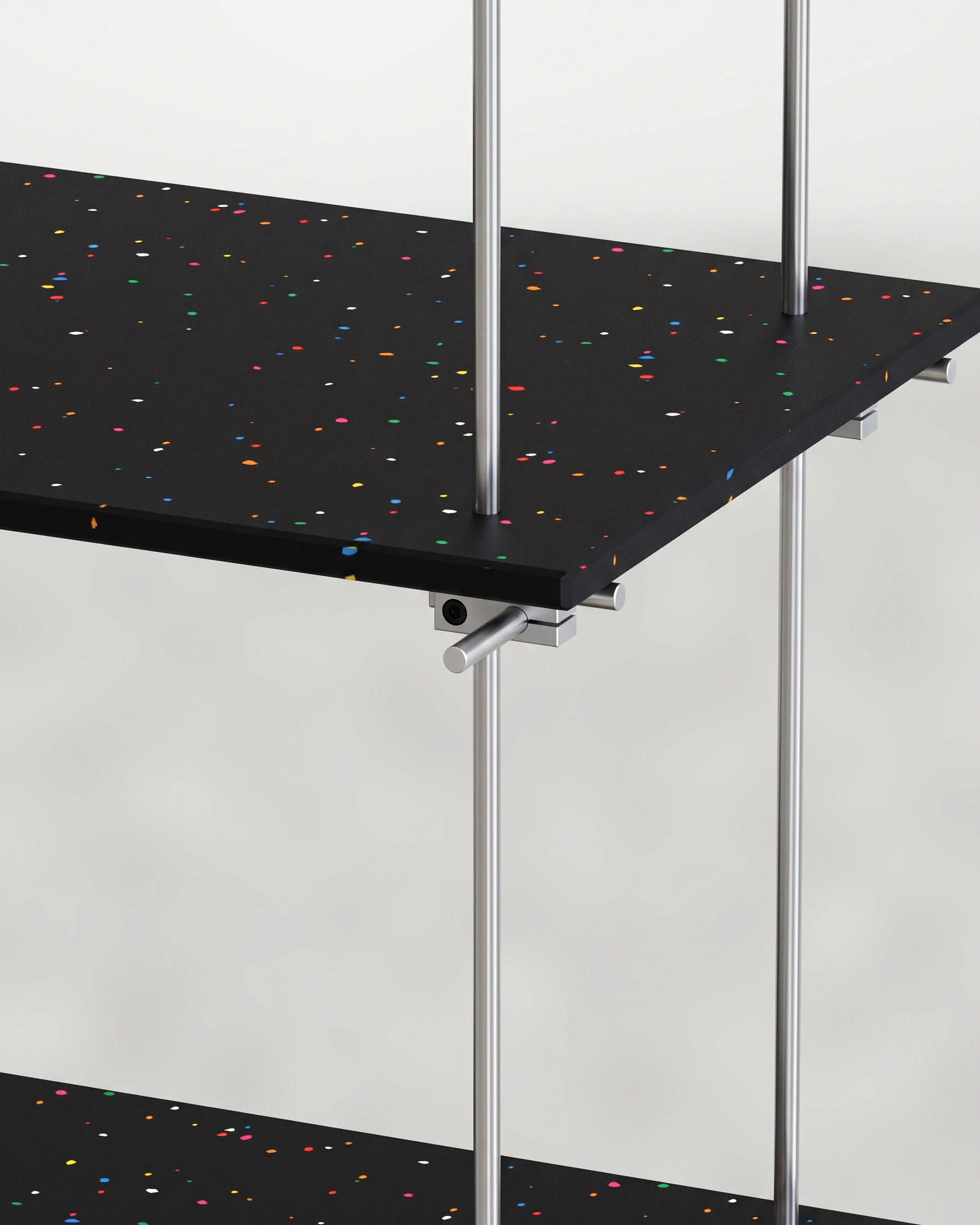 Collector, display shelving 2000, black, colour flecks: joint close-up