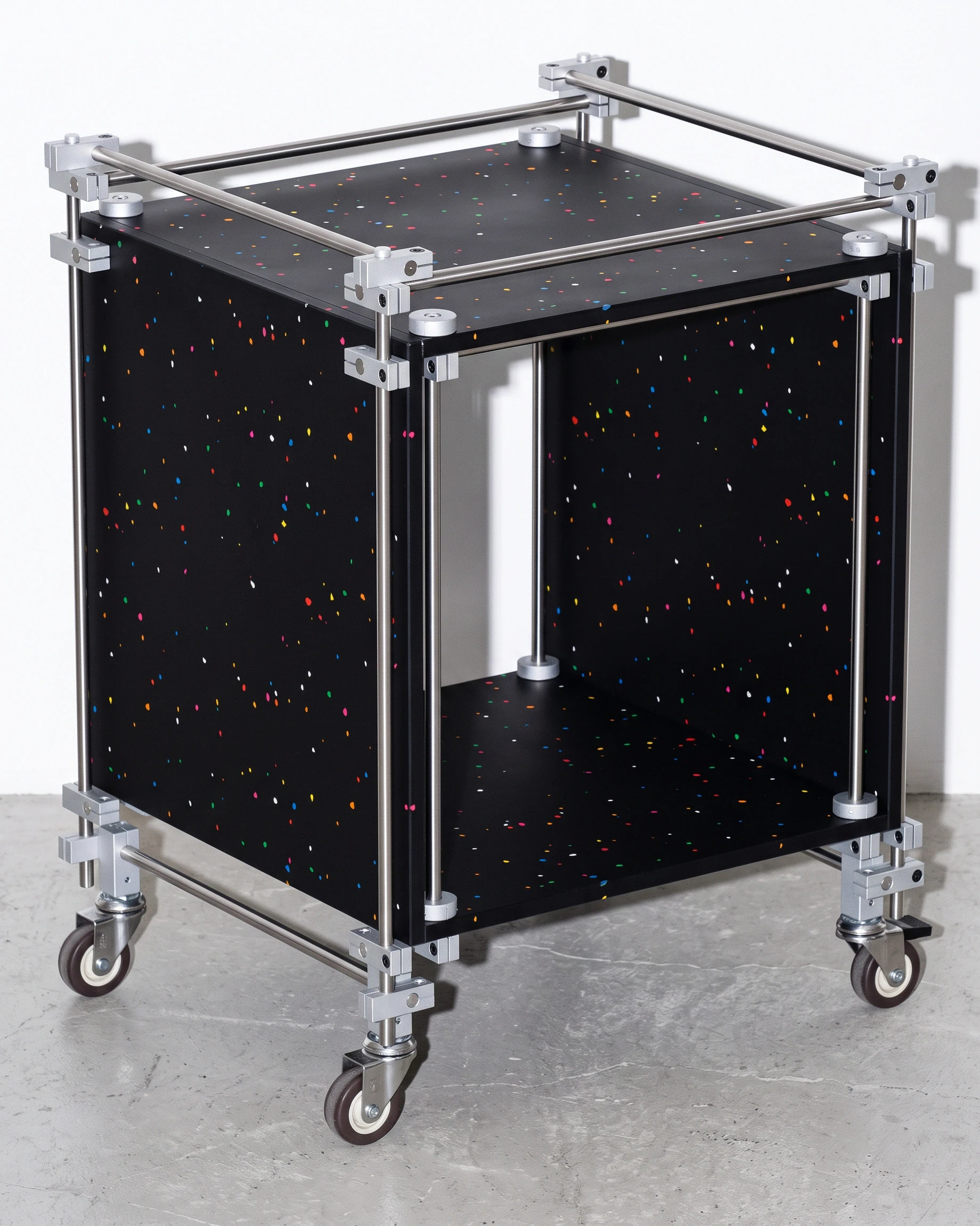 Nomad, cube shelving 450, black, colour flecks: front left view
