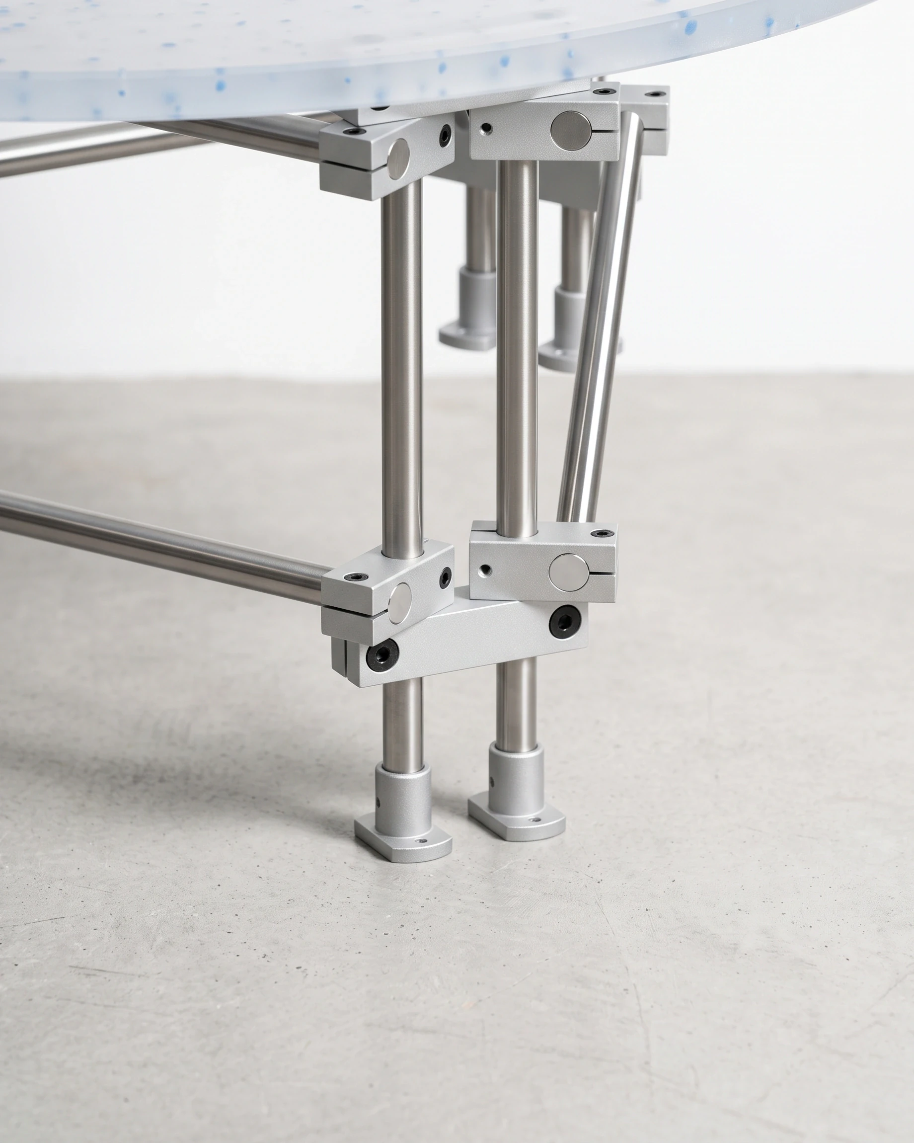 Yogi, low round table Ø80, clear, light-blue flecks: joint close-up