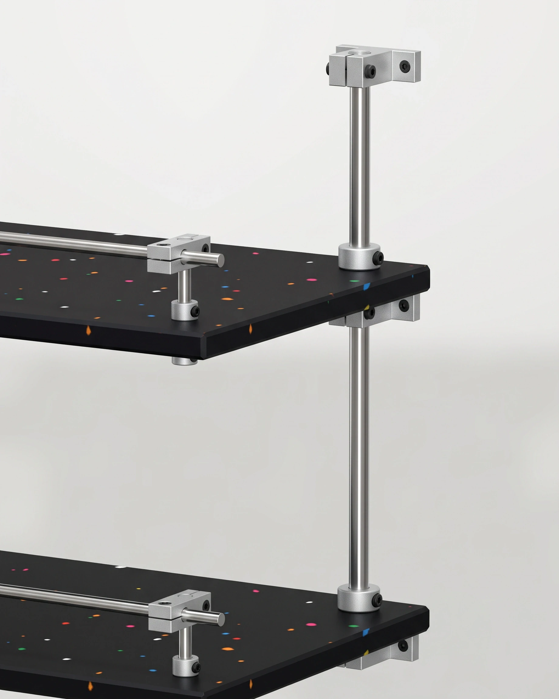 Bookseller, wall shelf, two tiers 60 × 20, black, colour flecks: joint close-up